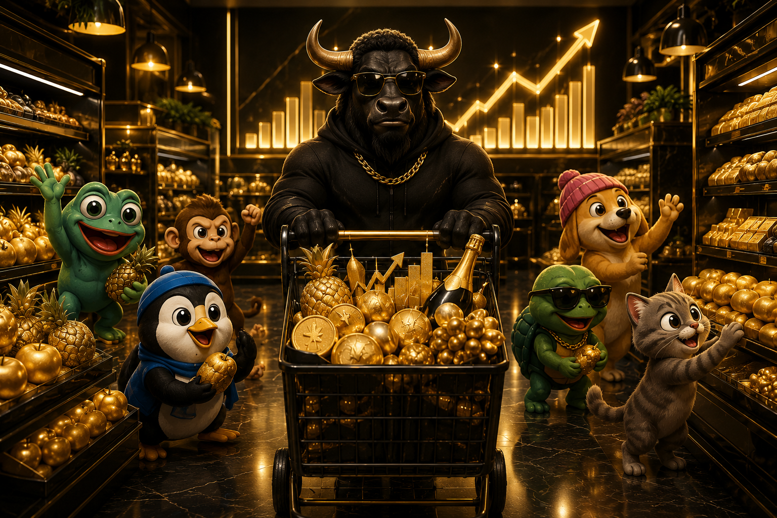 Artwork of the black bull figure pushing a cart overflowing with golden goods while meme animal characters celebrate around him